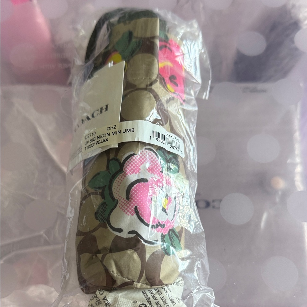 Coach Khaki Signature Umbrella with Neon Pink Floral Accents